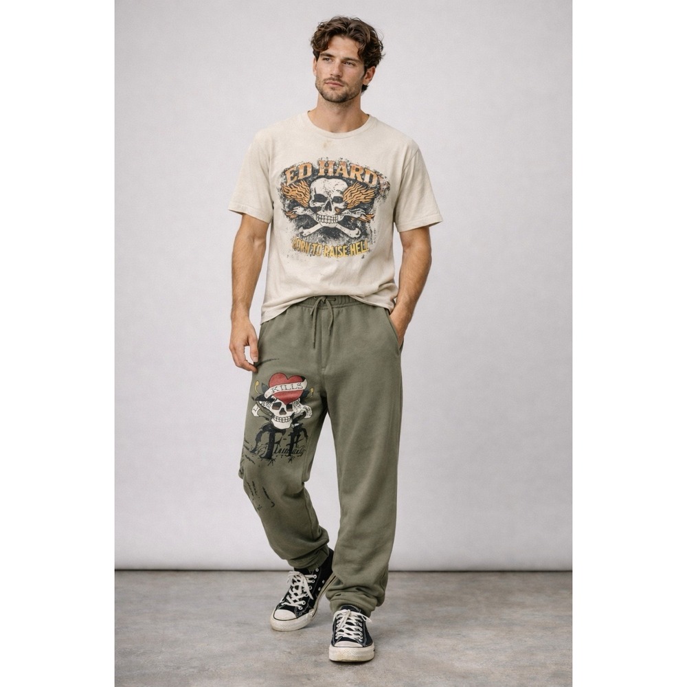 Ed Hardy Sweatpants Mens XL Olive Skull Tattoo‎ One Leg Graphic Y2K Streetwear
